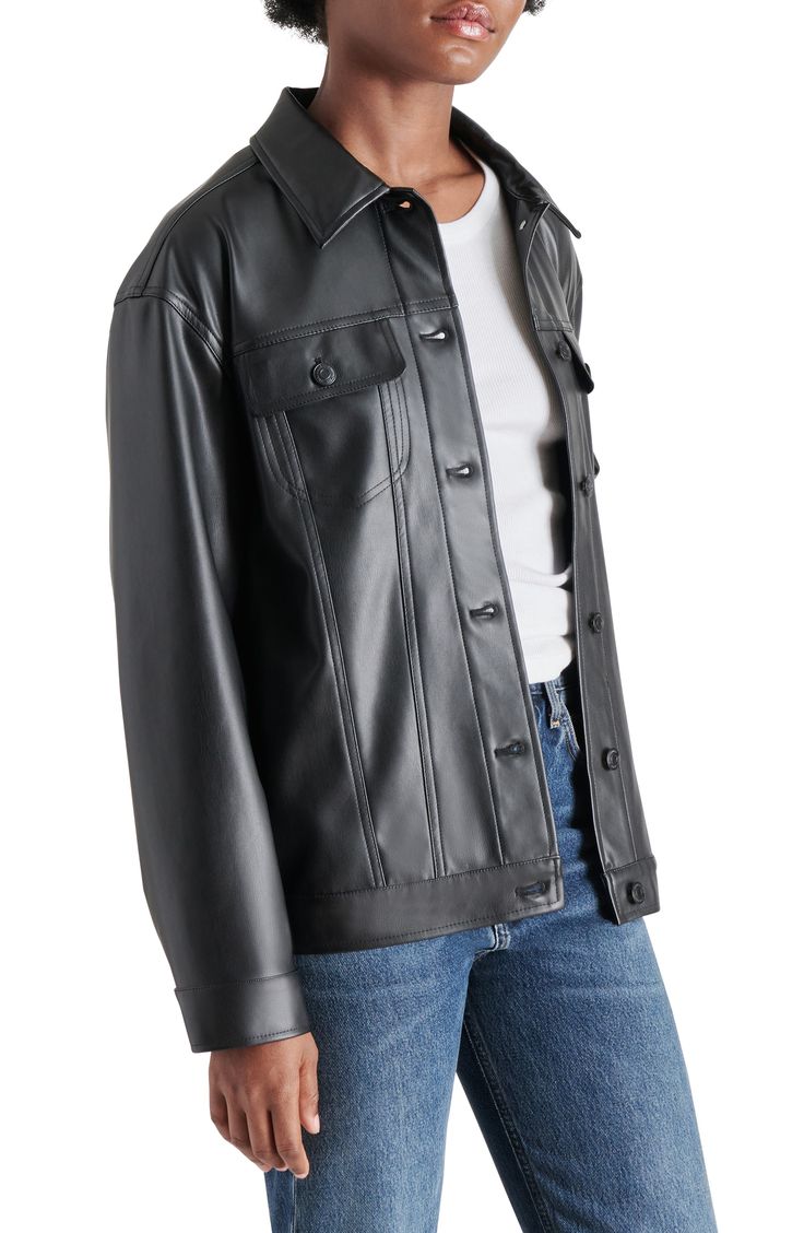 This oversized classic trucker jacket made from soft faux leather is sure to be a go-to style for layering over wardrobe favorites. 27" length (size Small) Button front closure Polyurethane Spot clean Imported Trendy Button-up Leather Jacket For Spring, Trendy Spring Button-up Leather Jacket, Trendy Fall Biker Jacket With Button Closure, Trendy Faux Leather Jacket With Snap Buttons, Trendy Biker Jacket With Button Closure For Fall, Trendy Biker Jacket With Button Closure For Spring, Fall Streetwear Leather Jacket With Buttons, Trendy Faux Leather Outerwear With Snap Buttons, Classic Faux Leather Button-up Outerwear