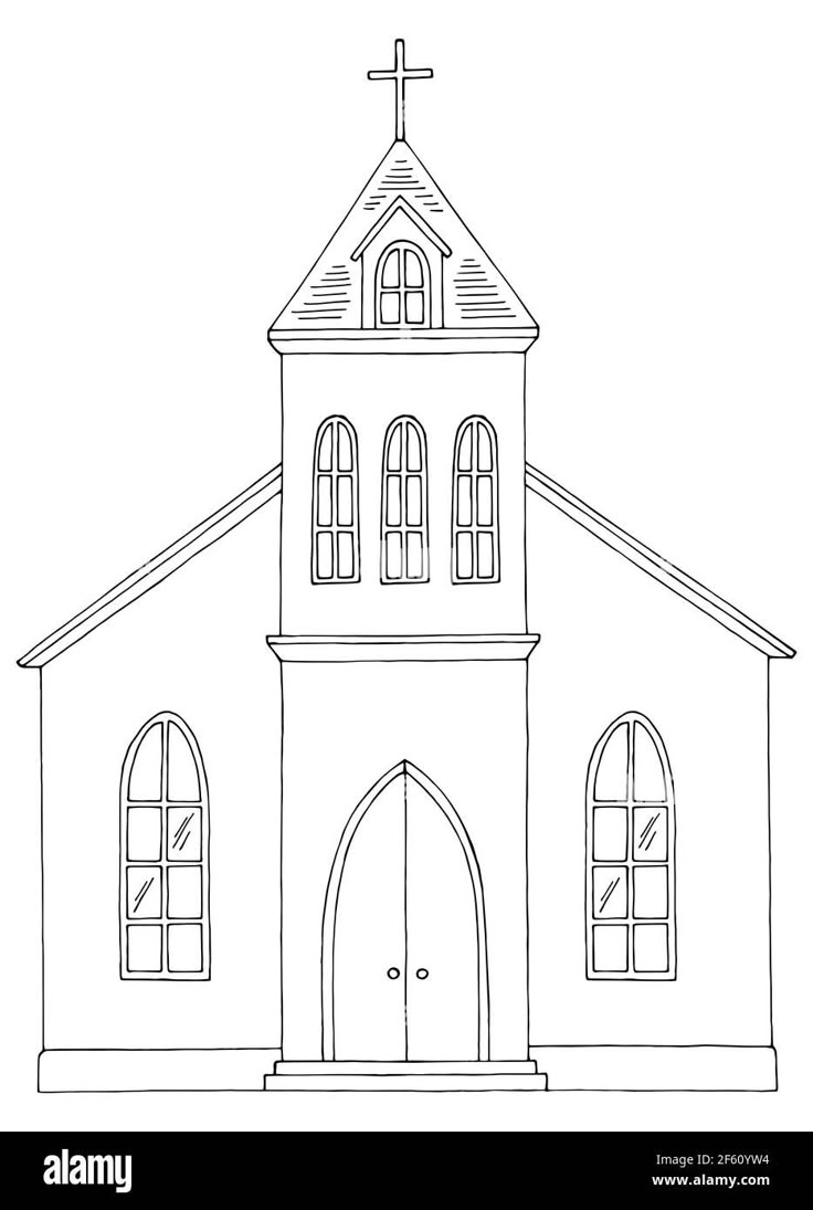 a drawing of a church with two windows and a cross on the top of it