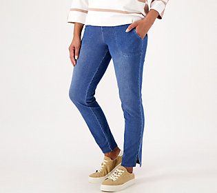 Meet your new favorite pair of pants. Complete with figure-flattering Tummy Control and easy-wear stretch denim, this incognito pick has you looking polished without sacrificing comfort.   Pair them with anything from office-ready flats and a blazer to a distressed tee and cork wedges. The options are endless... and you're flawless in every one of them. From Women with Control®. Petite Leggings, Cropped Denim Pants, Stretch Denim Pants, Cork Wedges, Distressed Tee, Petite Pants, Slim Leg Pants, Blue Pants, Pair Of Pants