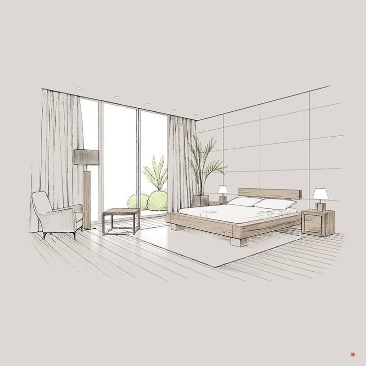 a drawing of a bedroom with a bed, chair and desk in it's corner