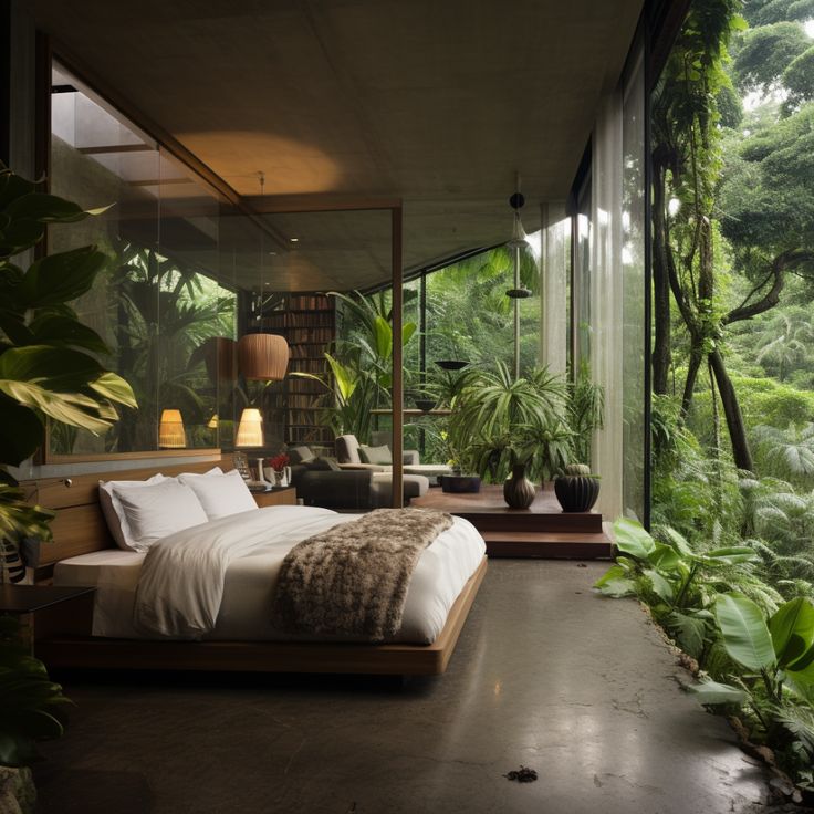 a bed sitting in the middle of a bedroom next to a lush green forest covered hillside