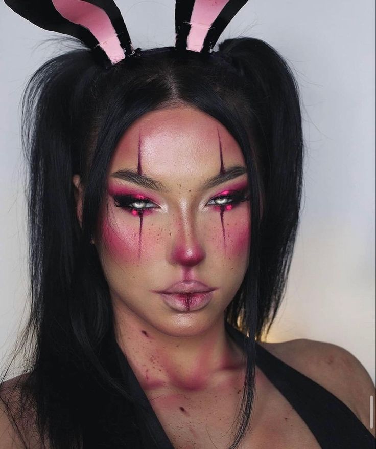 Bunny Costume Hairstyle, Black Bunny Makeup Halloween Look, Killer Rabbit Costume, Bunny Cosplay Makeup, Black Bunny Makeup Halloween, Dead Bunny Makeup, Pink Bunny Makeup Halloween, Kawaii Bunny Makeup, Skunk Makeup Halloween