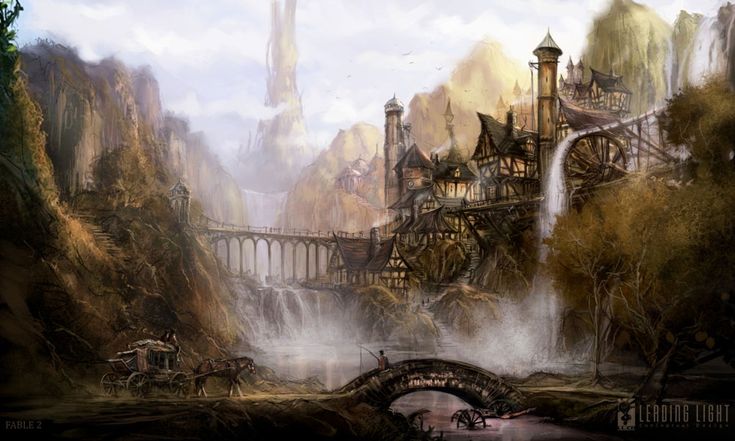 an artistic painting of a bridge over a river in front of a mountain range with a waterfall