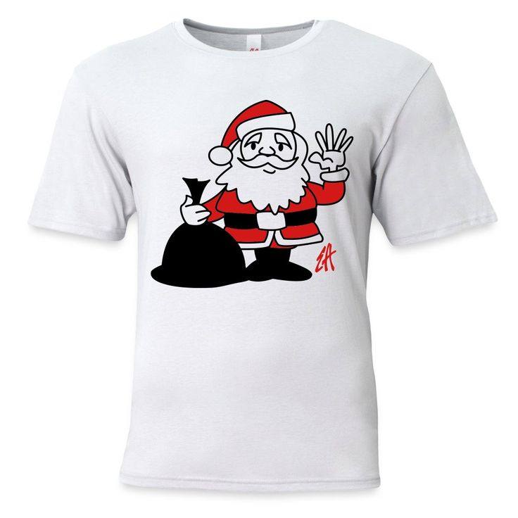 a white t - shirt with an image of santa claus holding a bag and giving the peace sign