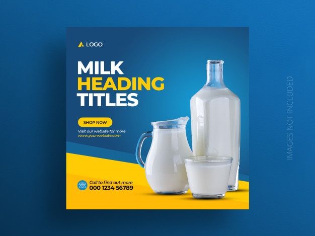 a blue and yellow poster with milk in front of it on a blue background that says milk heading titles