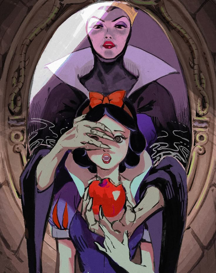 an image of snow white and evil queen holding apple in front of her face while looking into the mirror