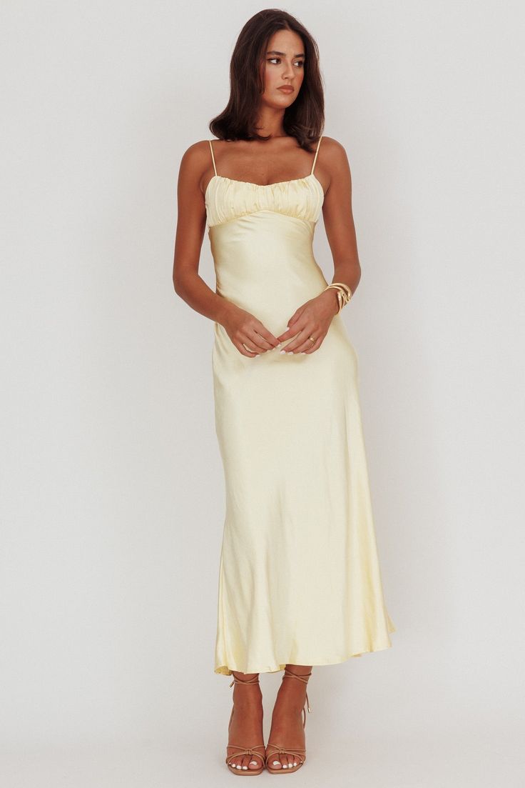 Shop the Nerida Twist Back Satin Maxi Dress Lemon | Selfie Leslie Prom Dresses Size 8-10, Float Maxi Dress, Pastel Yellow Satin Dress, Ruched Maxi Dress With Fitted Bodice And Spaghetti Straps, Fitted Ruched Bodice Maxi Dress For Brunch, Fitted Ruched Maxi Slip Dress, Ruched Maxi Dress With Fitted Bodice For Brunch, Backless Ruched Maxi Dress For Bridesmaid, Brunch Maxi Dress With Ruched Bodice And Spaghetti Straps