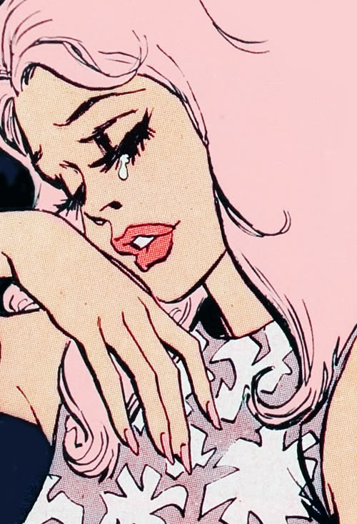 a drawing of a woman with pink hair holding her hand to her face and looking down