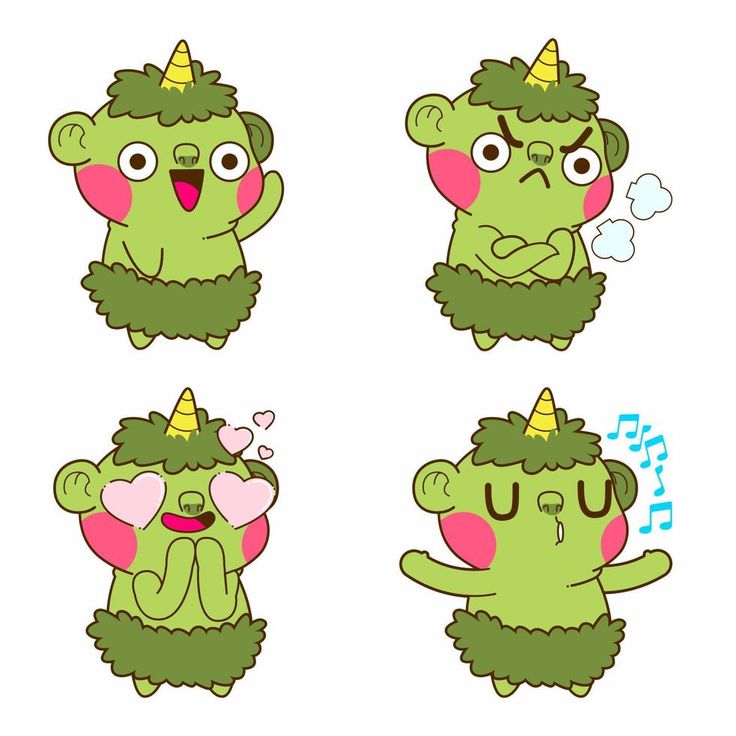 four green cartoon bears with different expressions and numbers on their faces, one has a unicorn horn