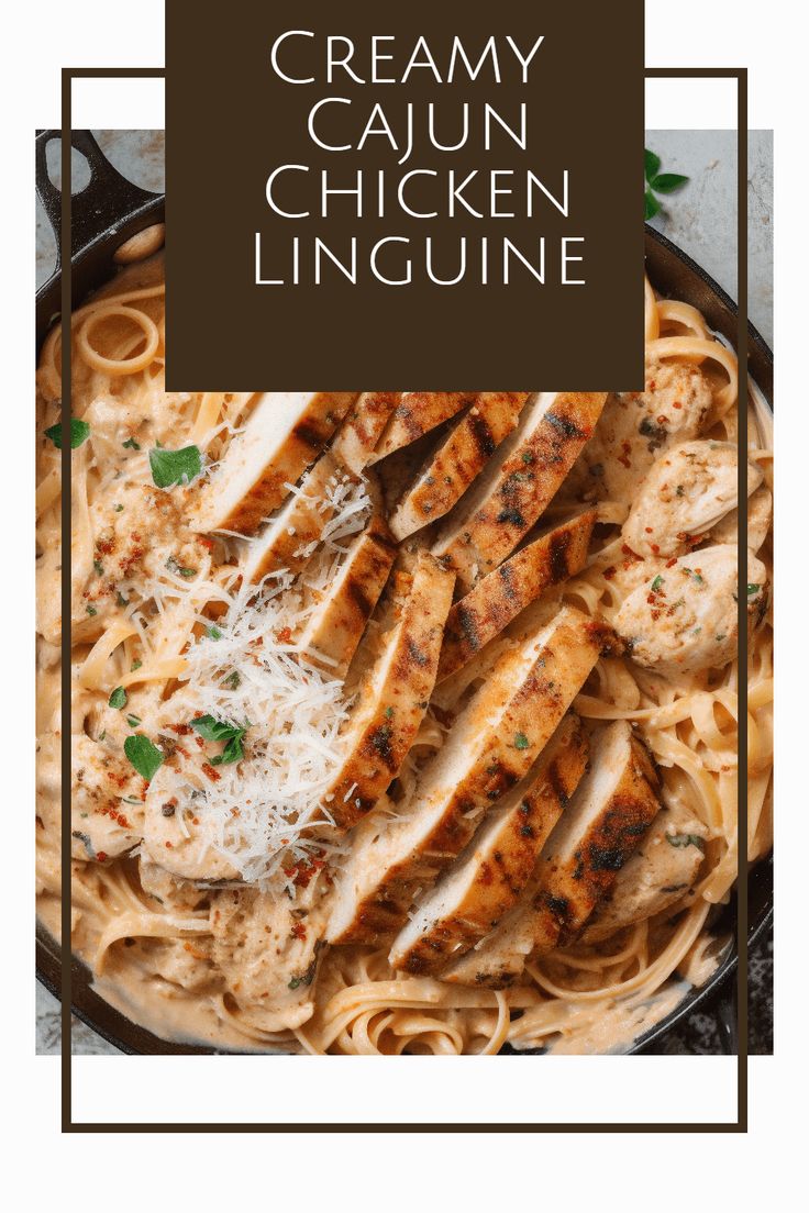 creamy cajun chicken linguine with parmesan cheese on top in a skillet