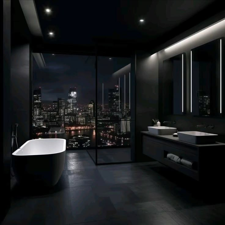 a bathroom with a tub, sink and large window overlooking the city lights at night