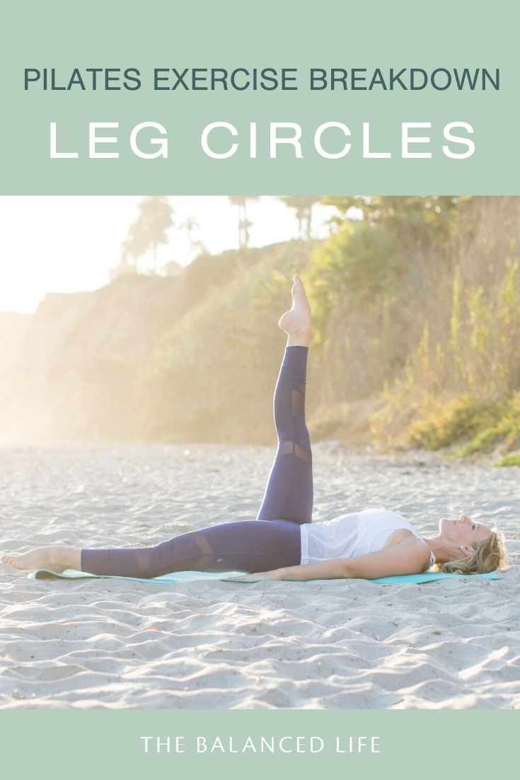 a woman doing yoga on the beach with text overlay that reads pilates exercise breakdown leg circles