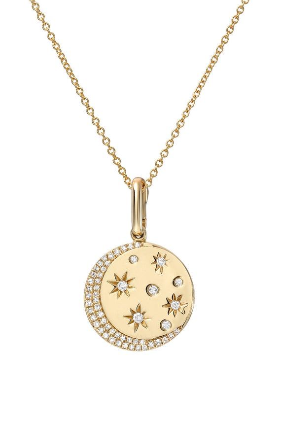 14k gold diamond celestial pendant necklace. Adorn yourself with the moon and stars!•Length: 16-18" adjustable•Size: Approx. 15mm•Total Weight:  Approx. 2 grams•Ships in 5-10 business daysComes gift ready in a custom Zoe Lev jewelry box Anniversary Celestial Yellow Gold Diamond Necklace, Celestial Round Diamond Necklace With Accents, Elegant Diamond Jewelry With Sun And Moon Design, Elegant Diamond Sun And Moon Jewelry, Celestial Jewelry With Diamond Accents In Round Pendant, Celestial Style Jewelry With Diamond Accents And Round Pendant, Celestial Round Pendant Jewelry With Diamond Accents, Celestial Style Round Pendant Jewelry With Diamond Accents, Round Diamond Necklace With Moon Charm