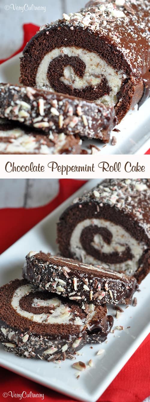 chocolate peppermint roll cake on a white plate