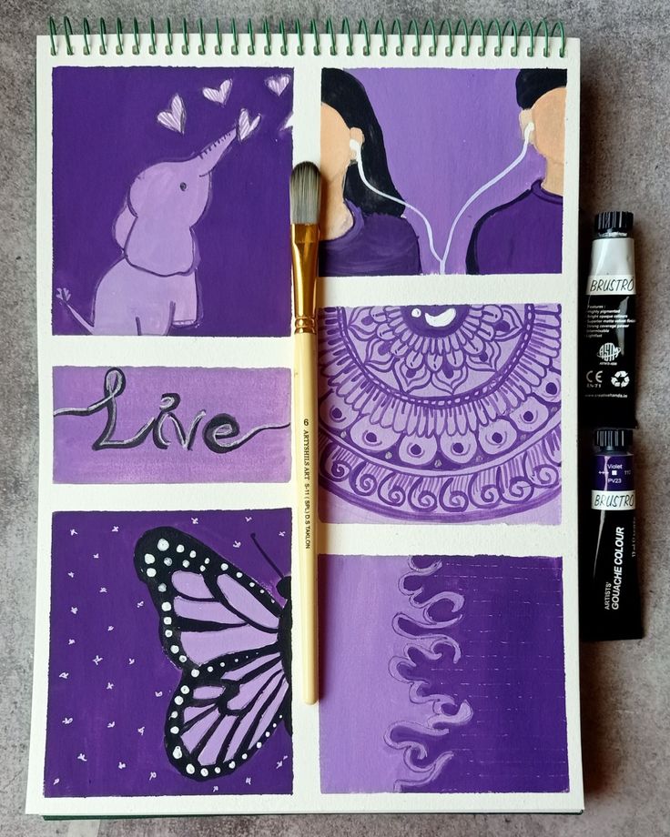 an art journal with purple and white drawings