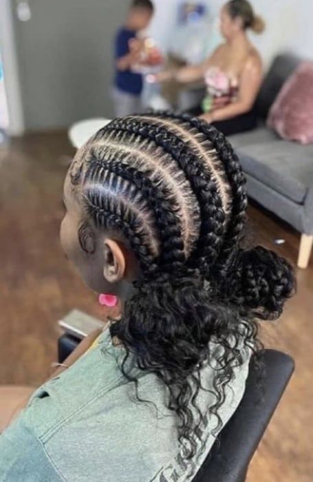 Basic Braid Hairstyles For Black Hair, Hair Braided Back Into A Ponytail, Cornrows With Two Buns In The Back, Cute Braided Up Hairstyles, Braided Bun To The Back, Two Bun Cornrow Hairstyles, Curly Bun Braids, Cornrows Going Back Into A Bun, Edges With Cornrows