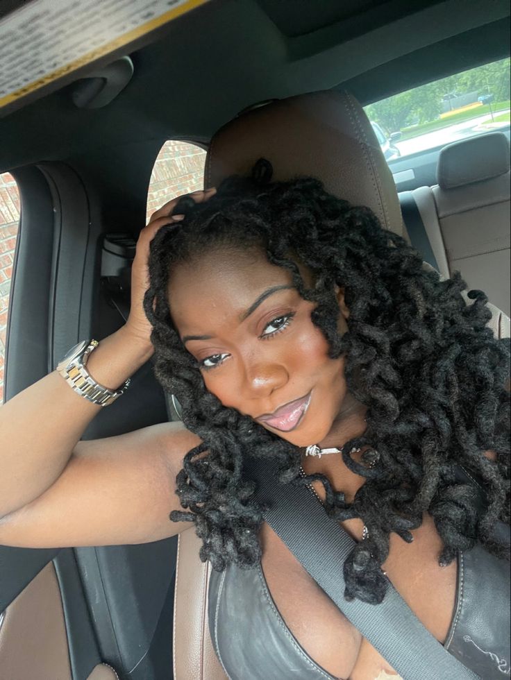 Curls On Thick Locs, Curls And Locs, Adding Curls To Locs, Curled Locs Black Women, Pin Curls On Locs, Short Curly Locs Black Women, Curled Loc Styles, Jet Black Locs On Black Women, Long Natural Locs Black Women