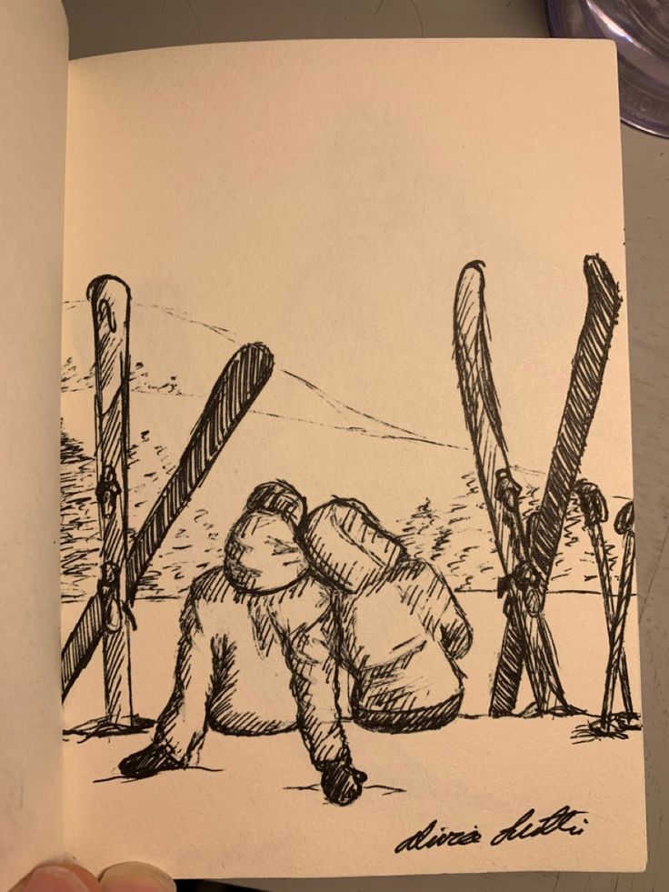 a drawing of two people sitting on the ground with skis in their hands next to each other