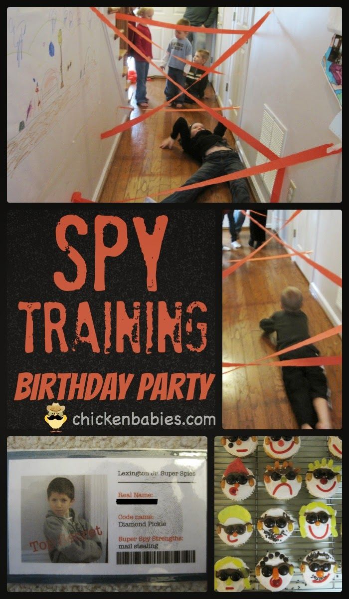 there is a poster with the words spy training birthday party on it and pictures of kids in costumes