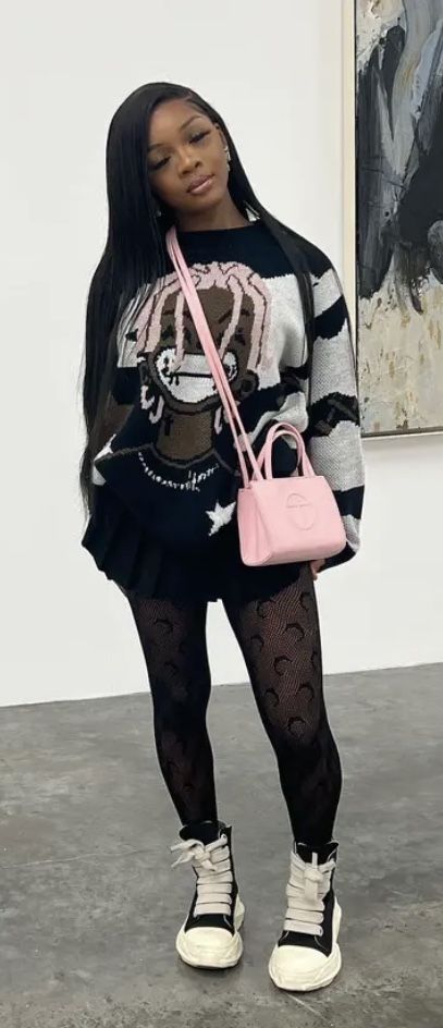 What To Wear With Fishnet Tights, Pink Friday Outfit Ideas, Skirt With Tights Outfit Black Women, Mini Skirt With Fishnets Outfit, Shorts Stockings Outfit Boots, Pink And Silver Birthday Outfit, 19th Birthday Ideas Outfits Winter, Simple Concert Outfit Casual, Birthday Outfit With Boots