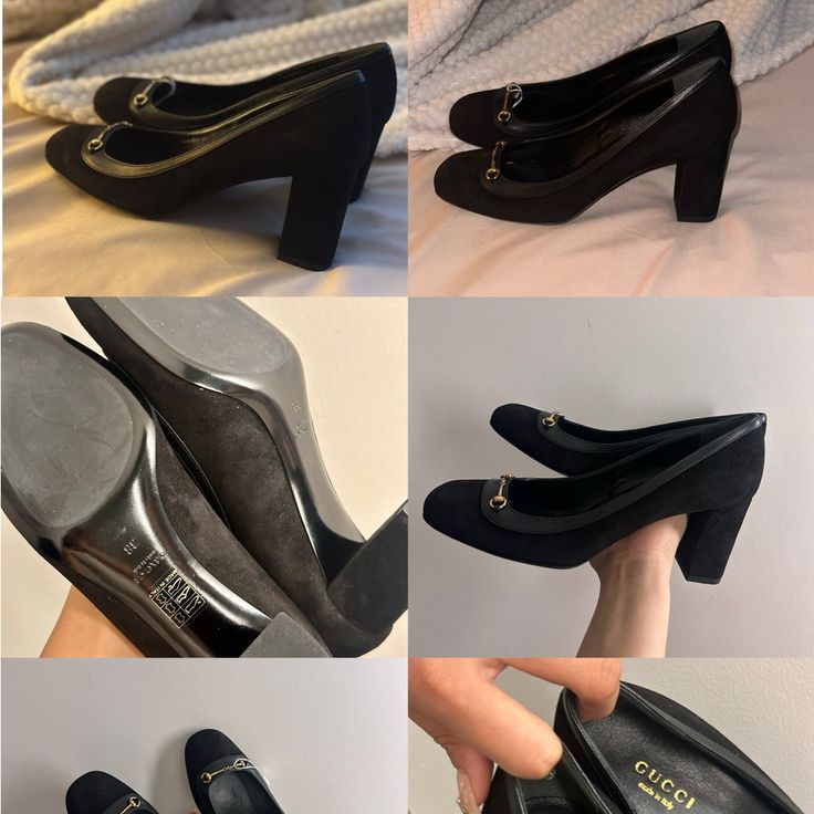 Brand: Gucci Size: 7/38 Color: Black - Perfectly Fits All The Styles. Gucci Block Heels For Office, Gucci Black Heels With Sculpted Heel, Black Gucci Heels With Sculpted Heel, Luxury Black Heels With Horsebit Detail, Elegant Round Toe Heels With Horsebit Detail, Gucci Horsebit Heels For Office, Gucci Round Toe Heels For Office, Gucci Round Toe Office Heels, Chic Gucci Heels For Business