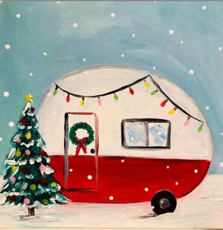 an acrylic painting of a red camper with a christmas tree and wreath