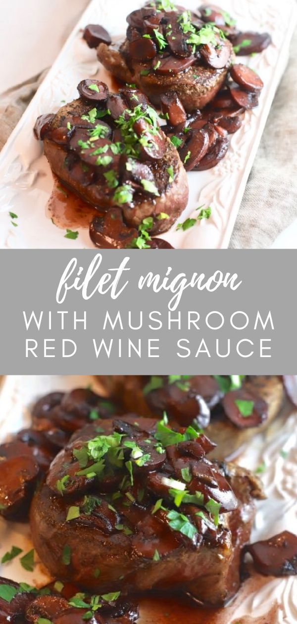 mushrooms with red wine sauce on top and in the middle, sitting on a plate