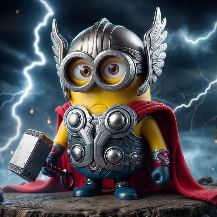 a minion dressed as thor with lightning in the background