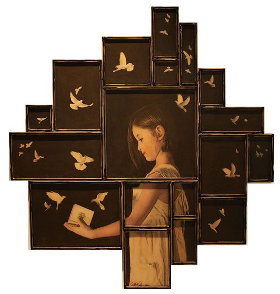 a woman holding a book in front of a wall with many pictures on it and birds flying around her