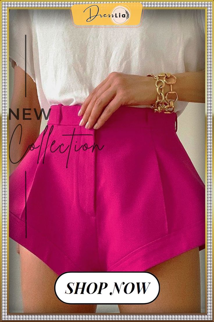 High Waist Wide Leg Casual Shorts Solid Summer Party Shorts, Fitted Party Shorts With Pockets, Solid Color Party Shorts For Summer, High-waisted Party Shorts With Pockets, Spring Party Shorts In Solid Color, Party Shorts With Pockets For Spring, Spring Party Shorts With Pockets, Spring Pink Shorts, Casual Party Shorts With Pockets