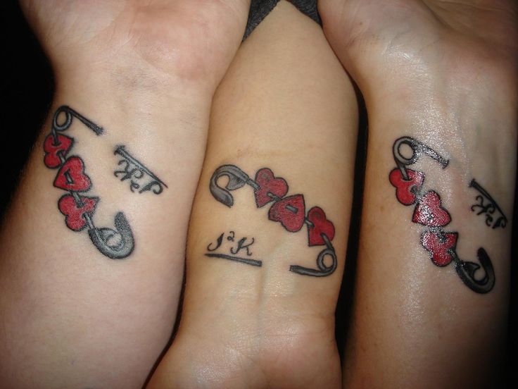 two people with matching tattoos on their arms holding scissors and wrenches in their hands