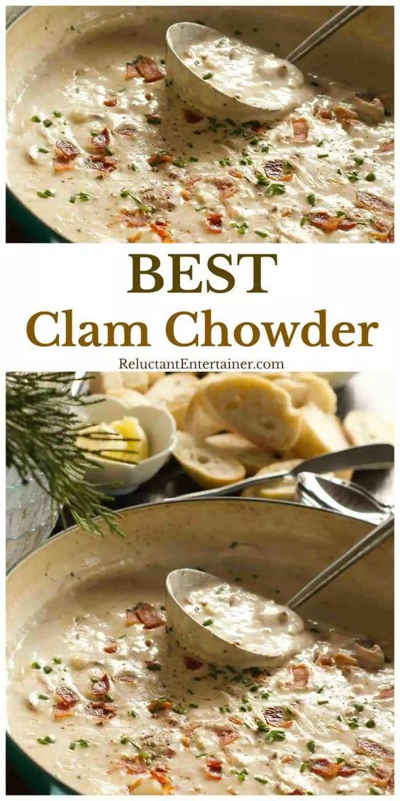 the best clam chowder recipe is shown in two pictures