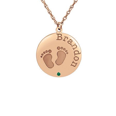 Celebrate your new arrival or beloved child with this women's personalized pendant necklace design. Made from 14K White Gold, this round pendant necklace comes on a delicate rope chain and allows you to add a name and birthstone for the little love of your life, and it also includes sweet engraved feet artwork detail.Features: PersonalizedJewelry Closure: Spring Ring ClaspLink Construction: SolidStone Cut: RoundMetal Color: RoseChain Length: 18 InchChain Width: 1.25 MillimetersPendant Length: 20 14k Gold Name Necklace With Round Pendant, 14k Gold Name Necklace With Round Shape, 14k Gold Round Necklace With Name Detail, 14k Gold Round Necklace With Name, Keepsake Yellow Gold Name Jewelry, 14k Gold Round Pendant Birthstone Necklace Gift, Personalized 14k Gold Name Necklace With Birthstone, 14k Gold Round Pendant Name Necklace, Personalized Birthstone Necklace With Round Pendant