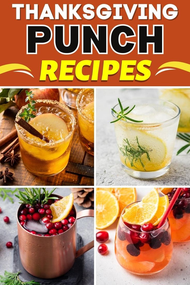 thanksgiving punch recipe collage with oranges, cranberries and rosemary garnish