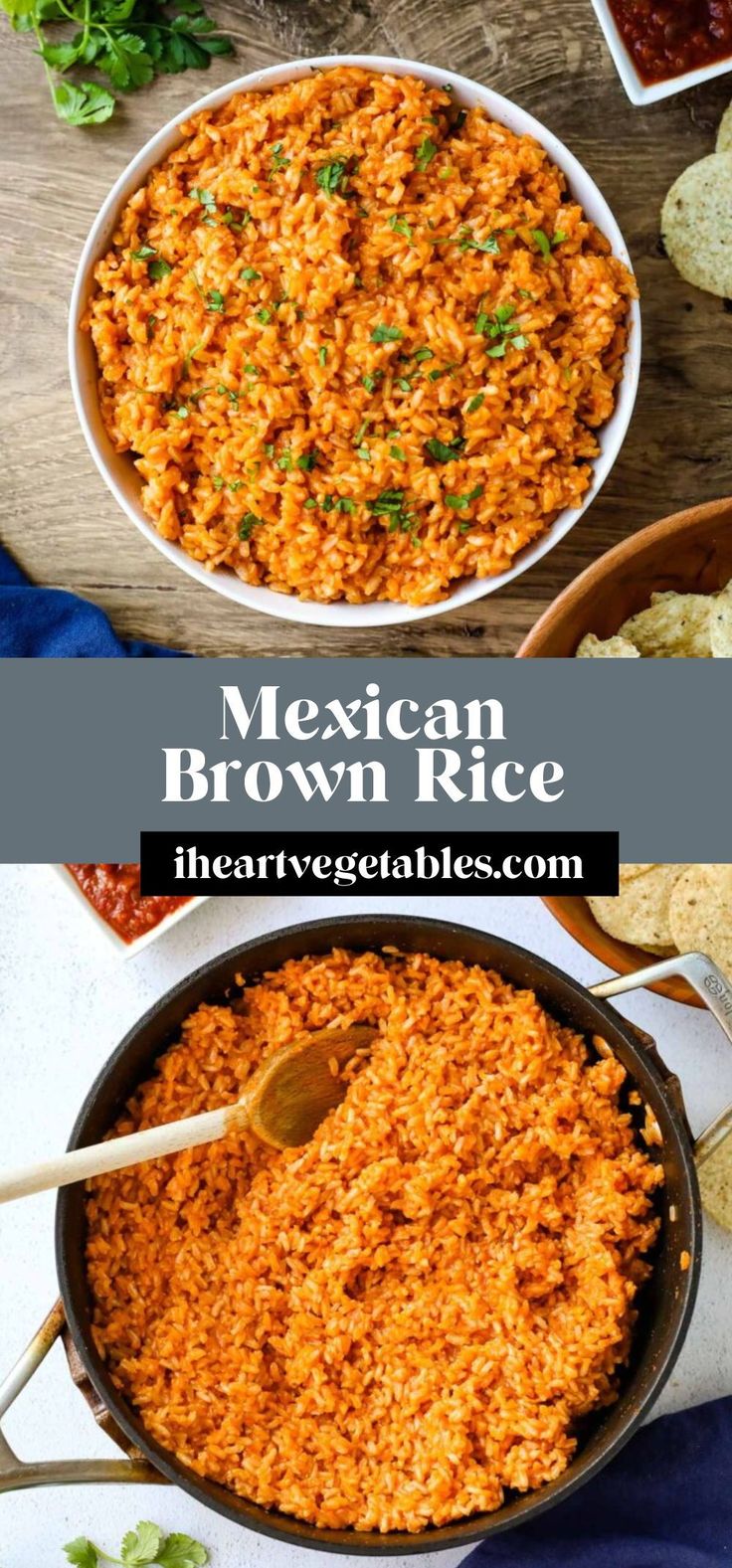 mexican brown rice in a skillet with tortilla chips and salsa on the side