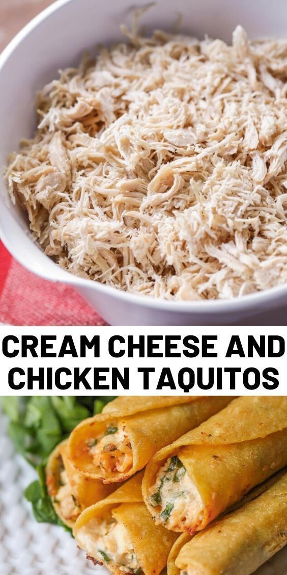 two pictures with different types of food in them and the words cream cheese and chicken taquitos