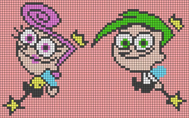 two pixellated images of cartoon characters, one with green hair and the other with blue eyes