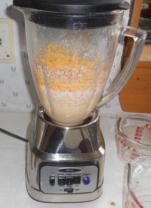 a blender filled with food sitting on top of a counter next to a measuring cup