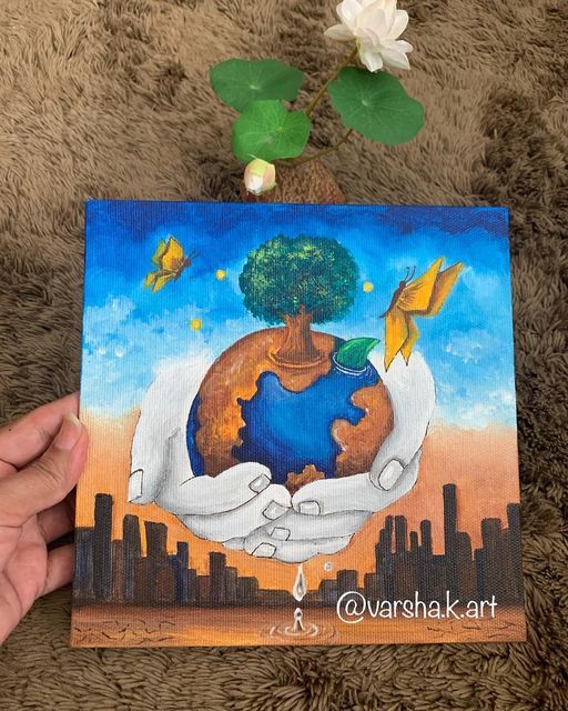 a painting of two hands holding the earth in front of a cityscape and flowers