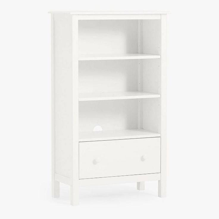 a white bookcase with two drawers on one side and an open drawer on the other