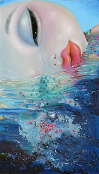 a painting of a woman's face in the water with bubbles coming out of her eyes