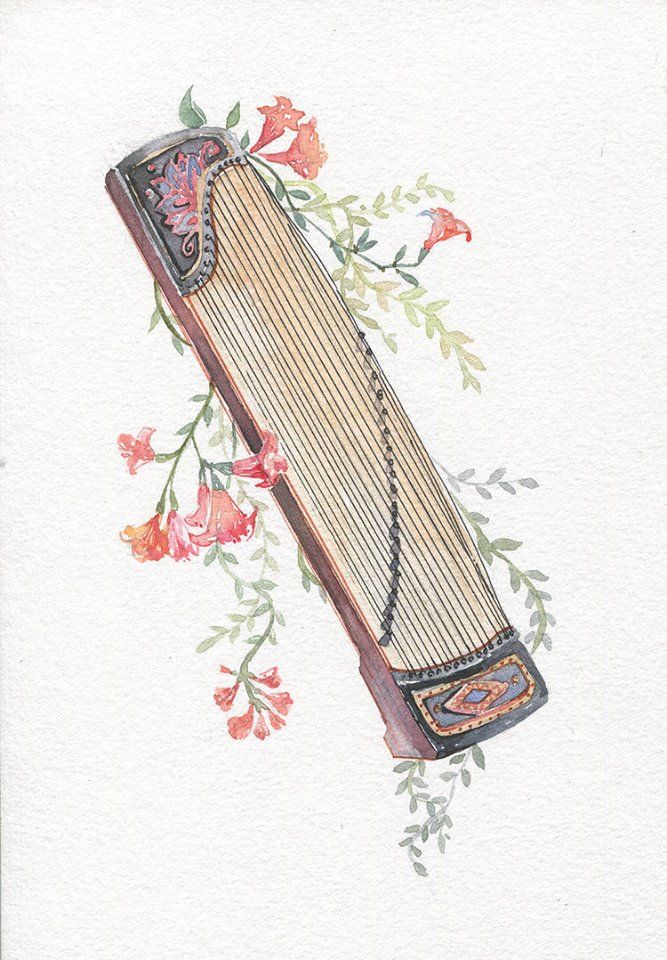 a watercolor painting of a musical instrument with flowers on it's back side