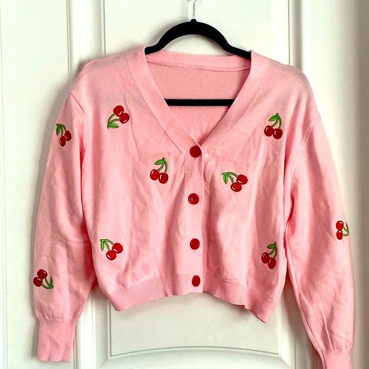 Pink Button Down Cardigan Sweater With Cherry Print Women’s Size S. Length 18 1/4 Red Buttons Cherry Cardigan, White Cotton Cardigan, Amazon Sweaters, Coquette Clothes, Long White Cardigan, Cream Knit Cardigan, Black Knit Cardigan, Black Cardigan Sweater, Leopard Cardigan