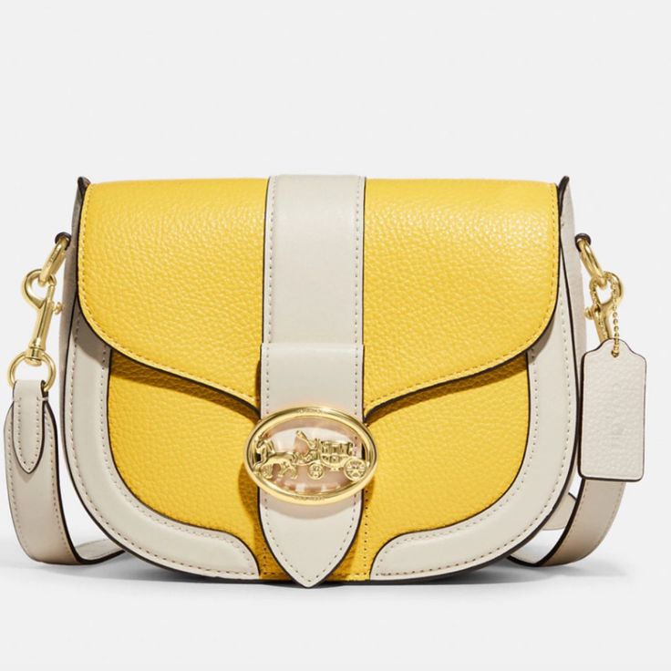 Bold Look! Shine With The Yellow! Refined Pebble Leather And Smooth Leather Inside Multifunction Pockets Snap Closure, Fabric Lining Outside Open Pocket Detachable Strap With 20 3/4" Drop For Shoulder Or Crossbody Wear 8 1/4" (L) X 6 3/4" (H) X 2 3/4" (W) Luxury Yellow Crossbody Satchel, Classic Yellow Satchel With Gold-tone Hardware, Luxury Yellow Crossbody Bag, Classic Yellow Satchel With Detachable Handle, Classic Yellow Top Handle Bag, Yellow Satchel Bag With Detachable Strap, Classic Yellow Coach Bag, Coach Yellow Satchel Shoulder Bag, Yellow Coach Satchel Shoulder Bag