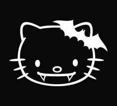 a black and white image of a hello kitty face with bats on it's head