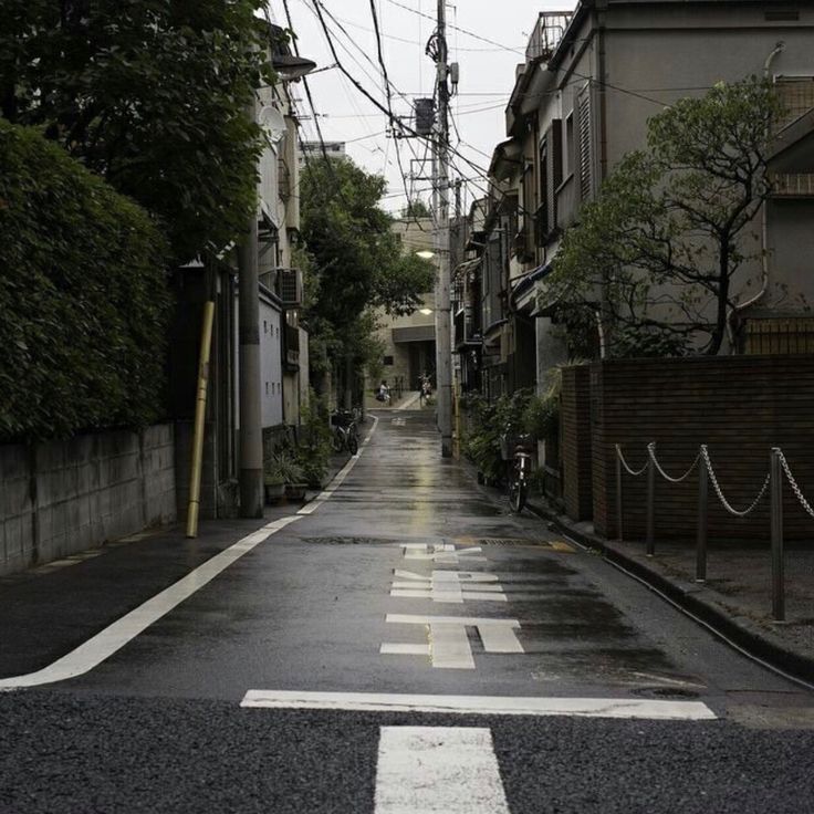 an empty street in the middle of a city with power lines above and trees on both sides