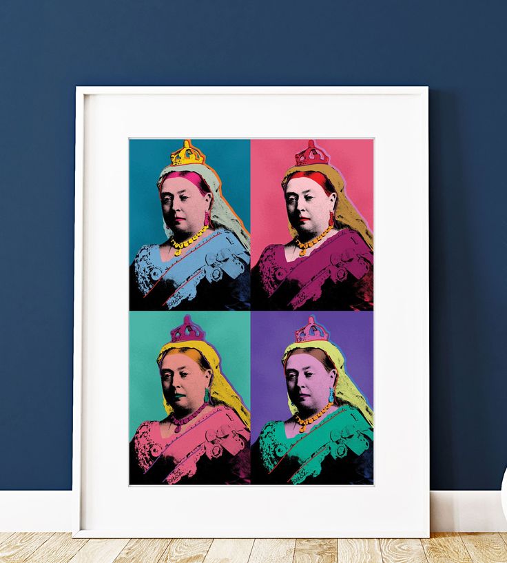 a framed photo of queen elizabeth the great in four different colors, with a crown on her head