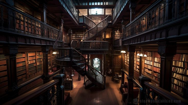 an old library with many bookshelves and stairs leading up to the second floor