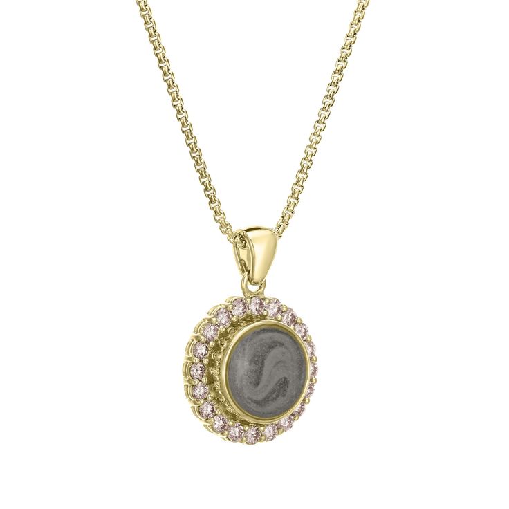 CBM-SD2 Please Note: Any piece containing precious stones can take up to 8 weeks to receive from casting. The precious stones themselves do not contain ashes; only the setting of the piece does. The ashes setting in this elegant 14k yellow gold memorial pendant nestles in a halo of brilliant champagne diamonds. Dimensions & Details:Overall: 14mmSetting: 10mmDiamonds: 0.4k | 2mm | Champagne All dimensions are approximate and may vary slightly with every casting. The 14mm diamond halo pendant is s Gold Birthstone Necklace For Memorial, Elegant Sterling Silver Birthstone Keepsake Necklace, Elegant Sterling Silver Birthstone Necklace For Keepsake, Luxury Pendant Necklace For Memorials, Luxury Pendant Necklaces For Memorial, Luxury Pendant Necklace For Memorial, Memorial Birthstone Necklaces, Yellow Gold Keepsake Round Pendant Jewelry, Keepsake Yellow Gold Round Pendant Jewelry