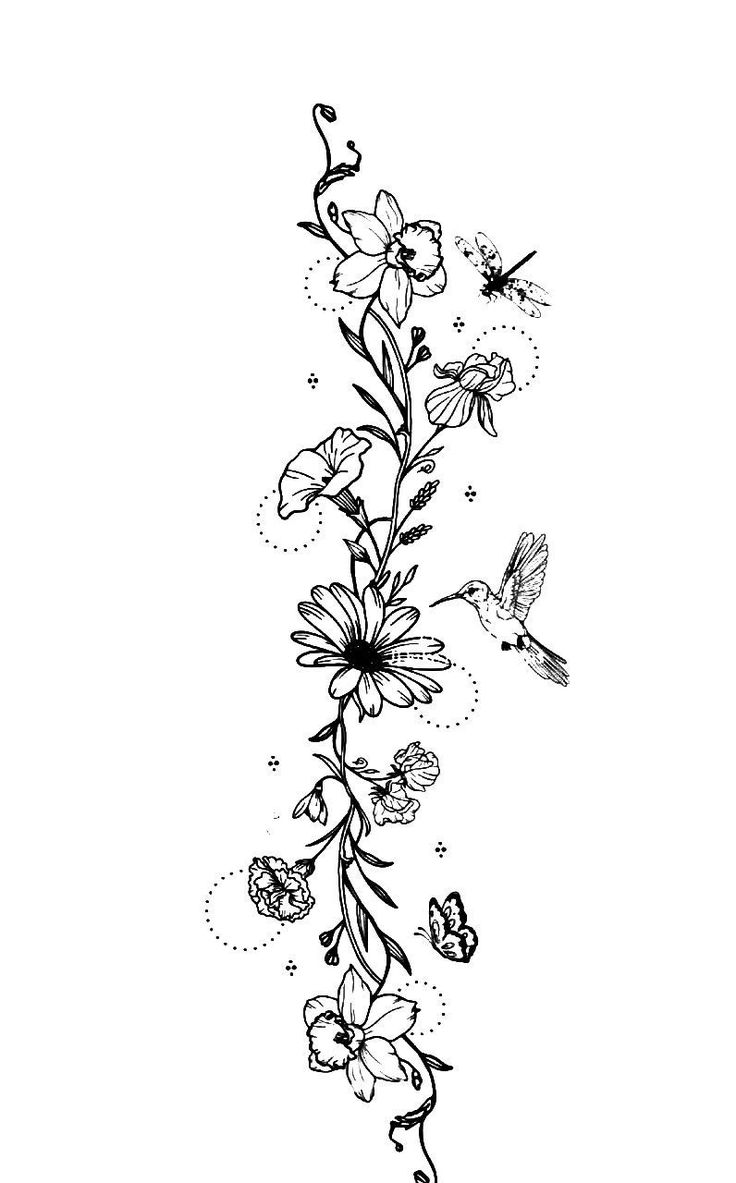 a black and white drawing of flowers with butterflies flying around it on a white background